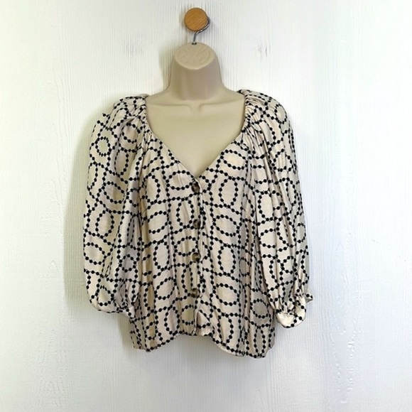 H&M - Black And Ivory Design V Neck Button Down Puff Sleeves Top Size XXS - Picture 2 of 11